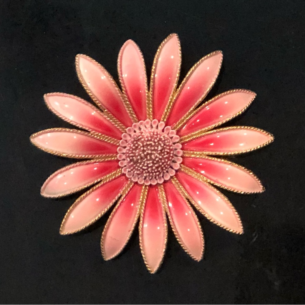 Vintage Large Enamel Brooch Pink Flower